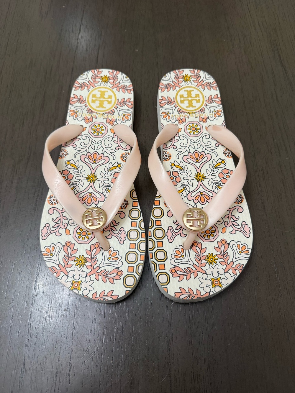 Tory Burch Pale Pink Logo Flip Flops with Floral Footbed Size 5